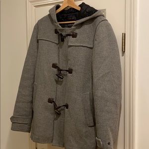 Zara Man Hooded Grey Wool Pea Coat